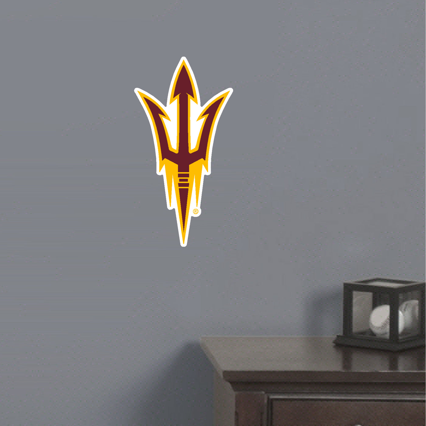ASU pitchfork mini wall sign above a night stand with a baseball on it