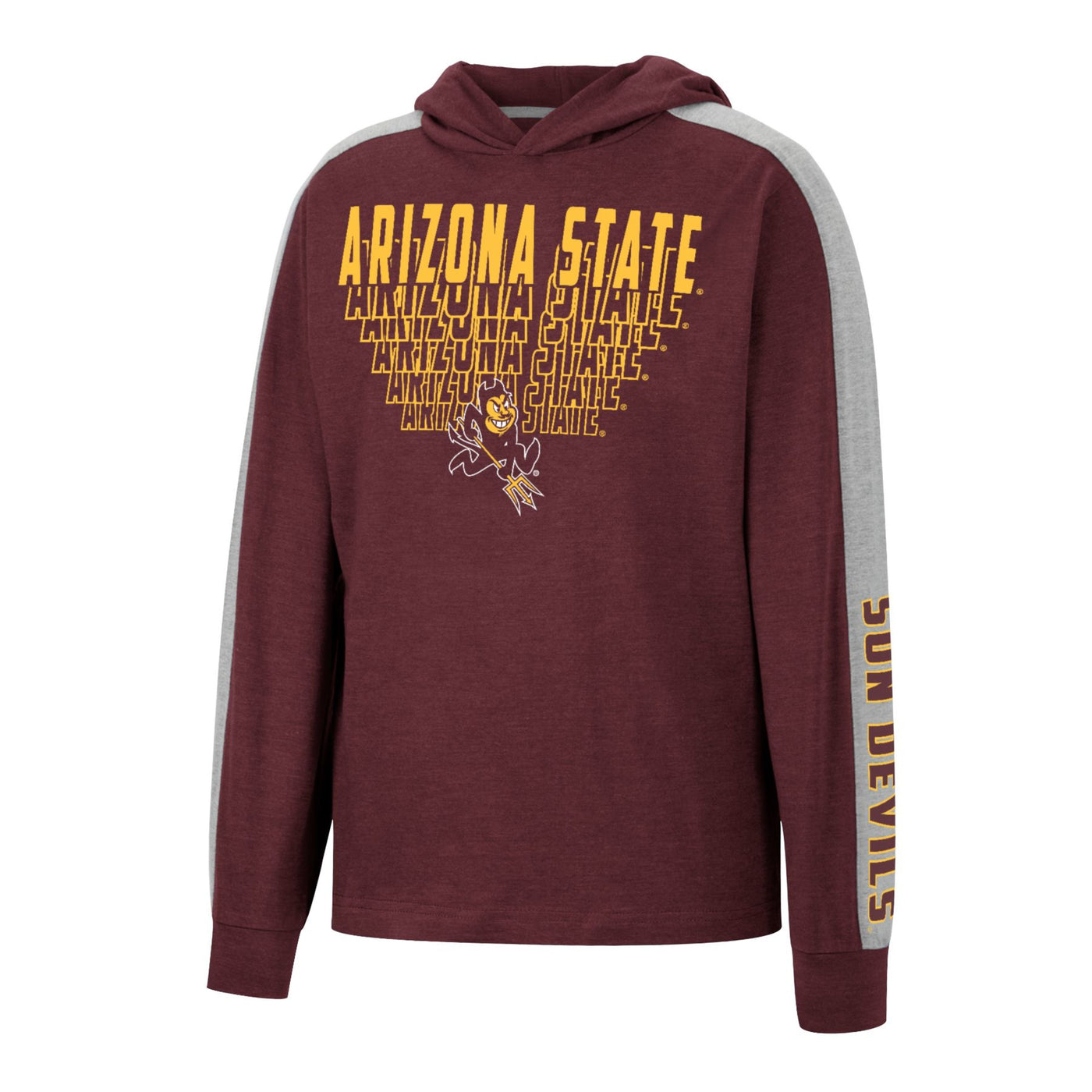 ASU maroon and gray youth hoody long sleeve tee with 'Arizona State' lettering repeating on the front above Sparky