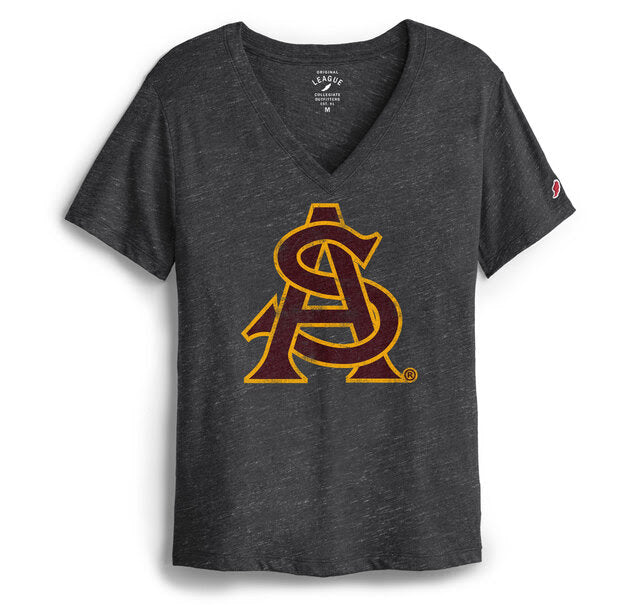 ASU women's black v-neck tee with interlocking 'A' and 'S' in the center