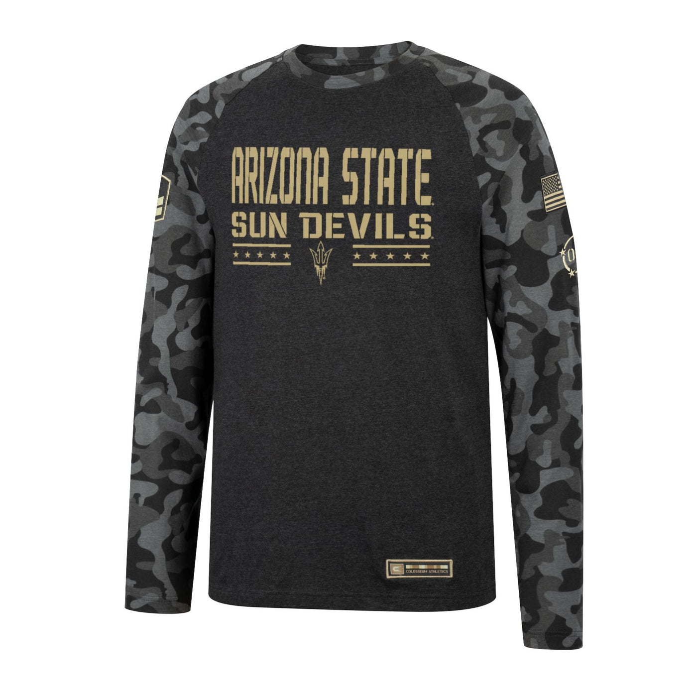 ASU grey body and grey camo long sleeve. Arizona State Sundevils text in tan with tan pitchfork on the chest. One tan icon on the left arm and two tan icons on the right arm. 