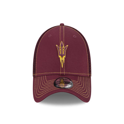 ASU maroon strectch fit hat with darker maroon mesh on back panels and a gold outlined pitchfork on the front