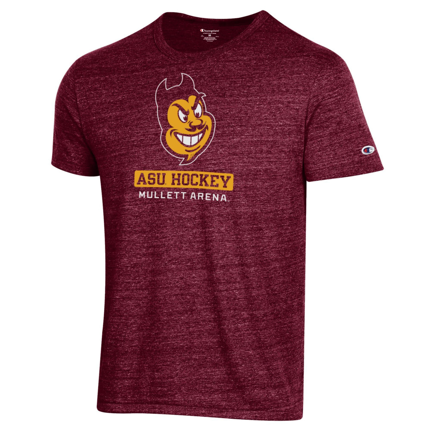 ASU maroon shirt with the sparky mascot face in the center of the chest. Underneath the sparky head there are two lines of text. The first row says 