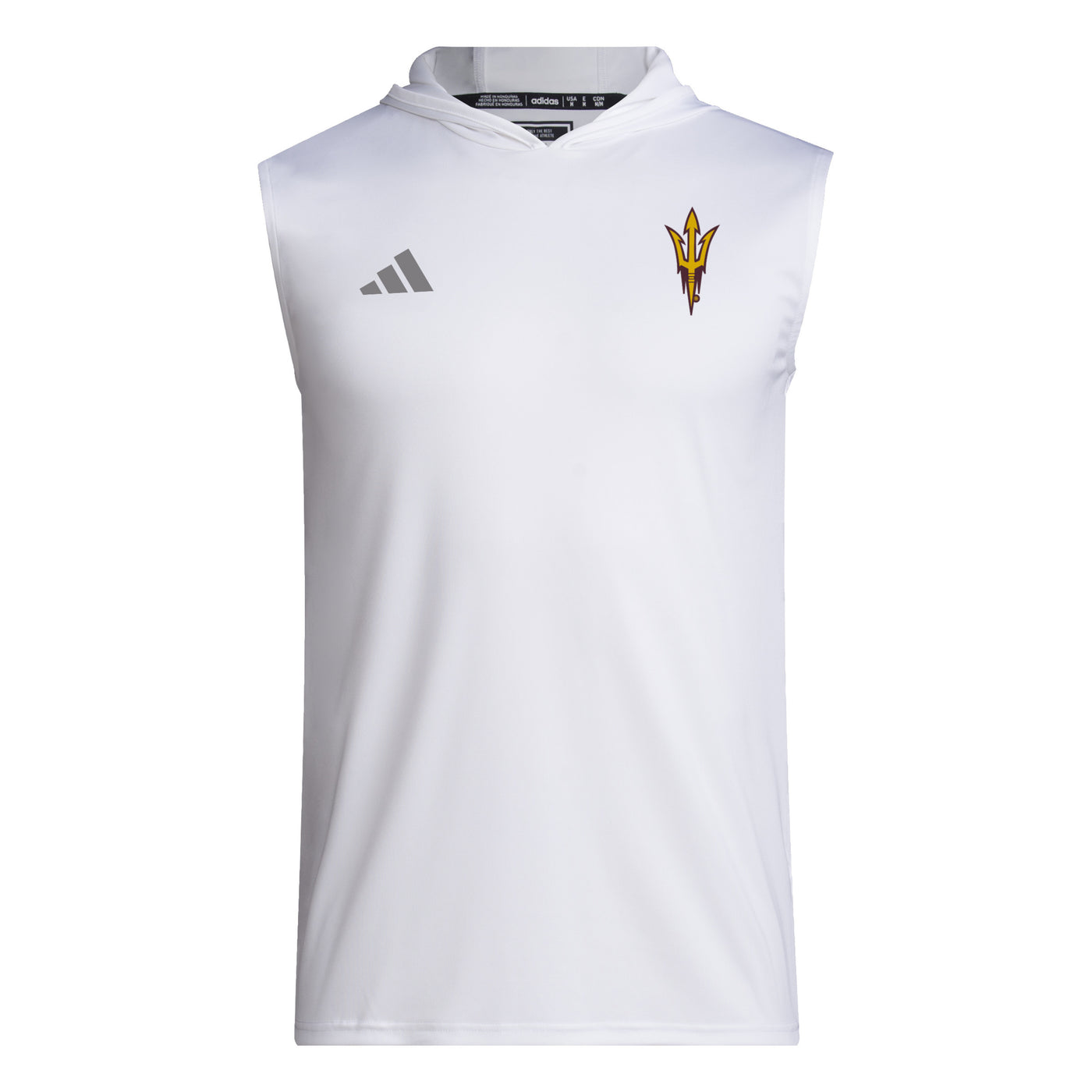 ASU white sleeveless hood with pitchfork logo on one side of the chest and a grey adidas logo on the other side.