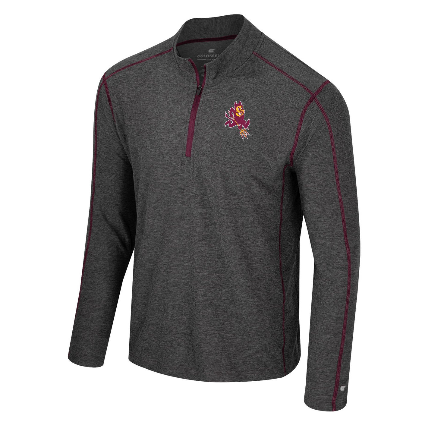 ASU grey 1/4 zip with maroon stitching, a maroon sipper, and a small sparky mascot on chest.