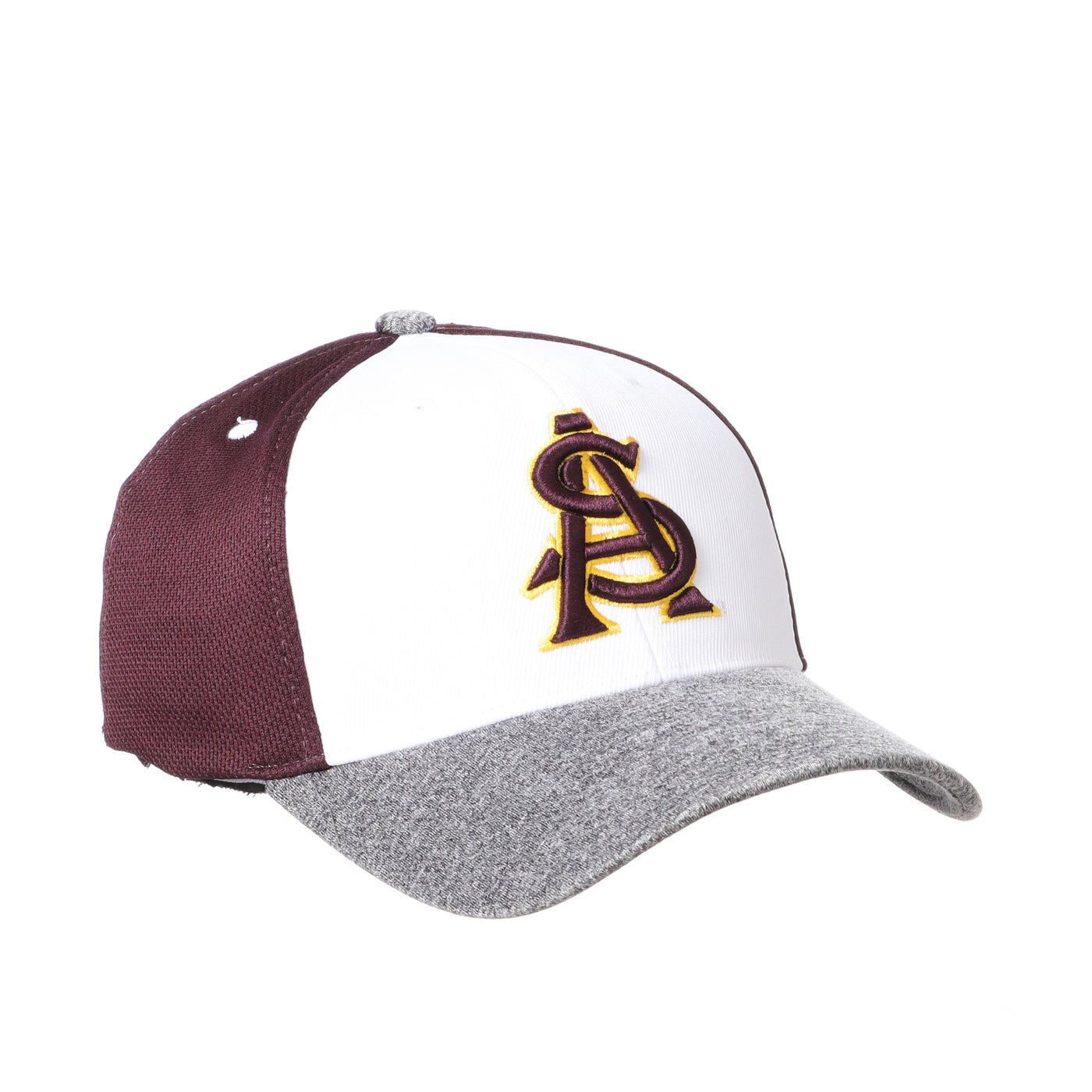 Side view of ASU youth stretch fit hat in white, maroon, and gray with interlocking 'A' and 'S' in maroon and gold embroidered lettering