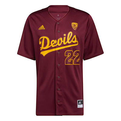 ASU button down baseball jersey in maroon with Adidas logo on right chest, PAC12 logo on left chest, 'Devils' across the front above '22'