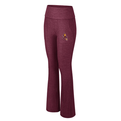 ASU Maroon flare leggings with a sparky mascot on the pocket.