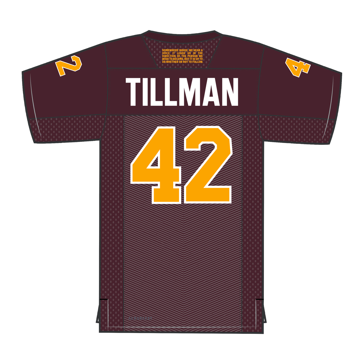 ASU Maroon jersey backside mockup. Features large 42 on the back in Gold and Tillman above the number in white. 