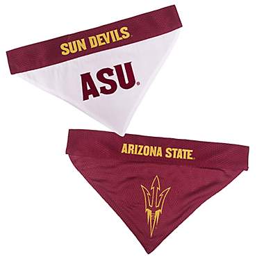 Front and Back side of reversible dog bandana with the front showing a maroon mesh collar saying 'Sun devils' and a white bandana saying 'ASU' and the back side being maroon with 'Arizona State' and a pitchfork