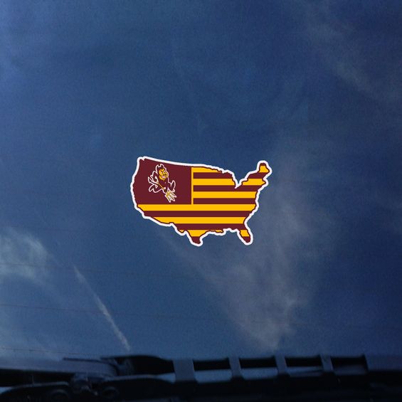 ASU decal of outline of the United States with maroon and gold America style striped flag with one sparky in the maroon left side corner