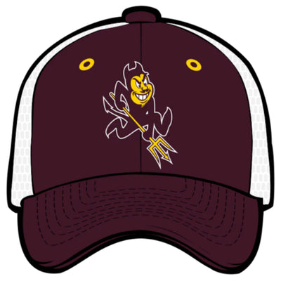 ASU maroon and white hat. With sparky logo and two yellow breeze holes on the front. 