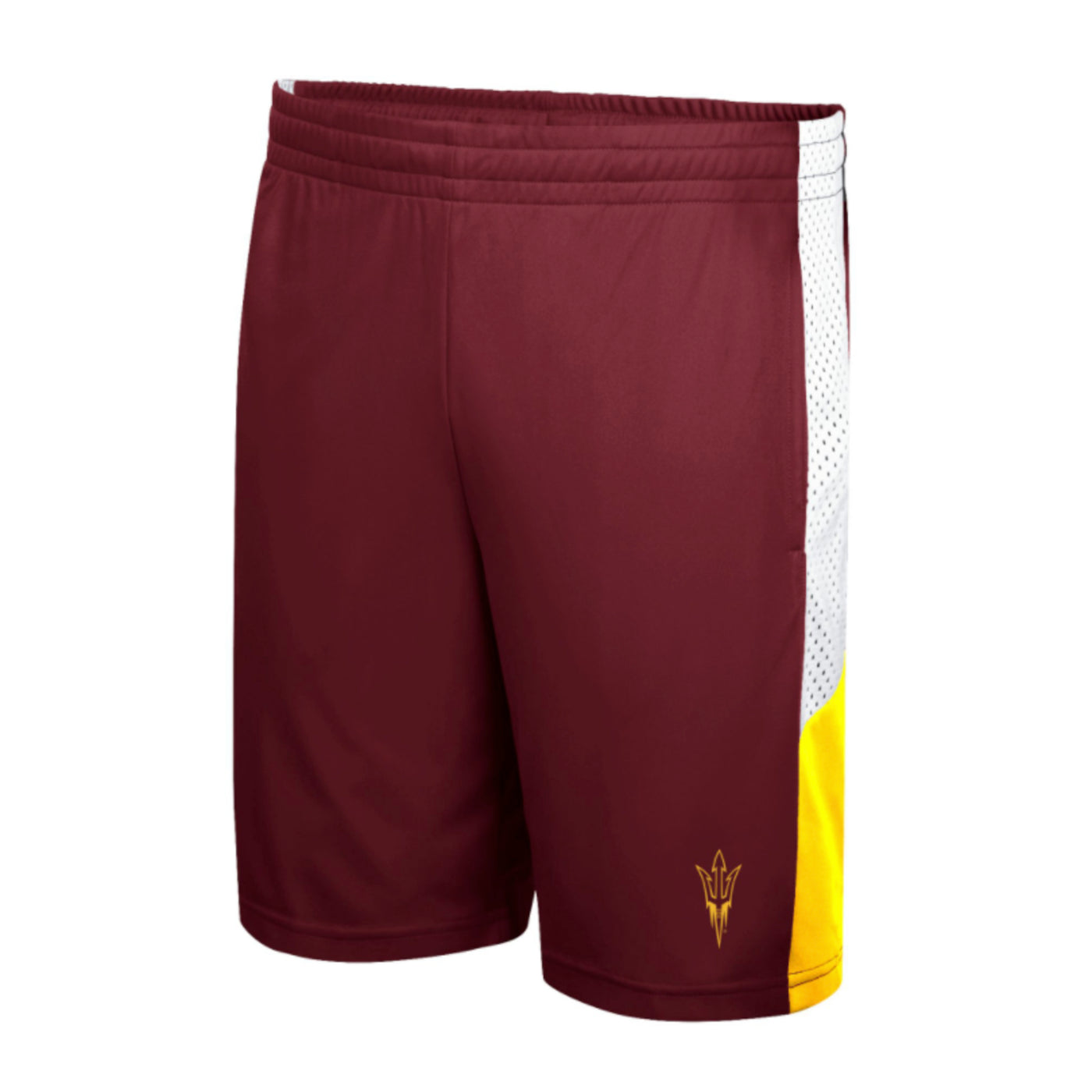 ASU Maroon mens shorts with white mesh side pannel with yellow bottom and pitchfork outline on bottom left leg