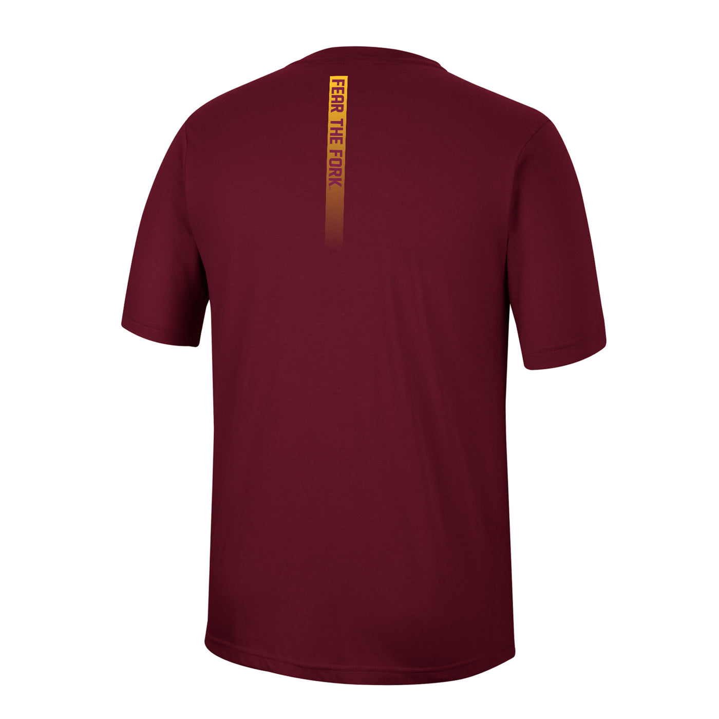 ASU maroon shirt with 'Fear the Fork' vertically down the back in a gold block