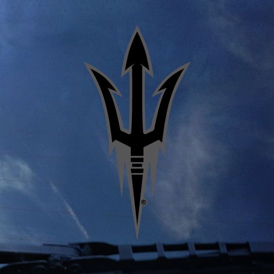 ASU decal pitchfork in black with gray outline in car window