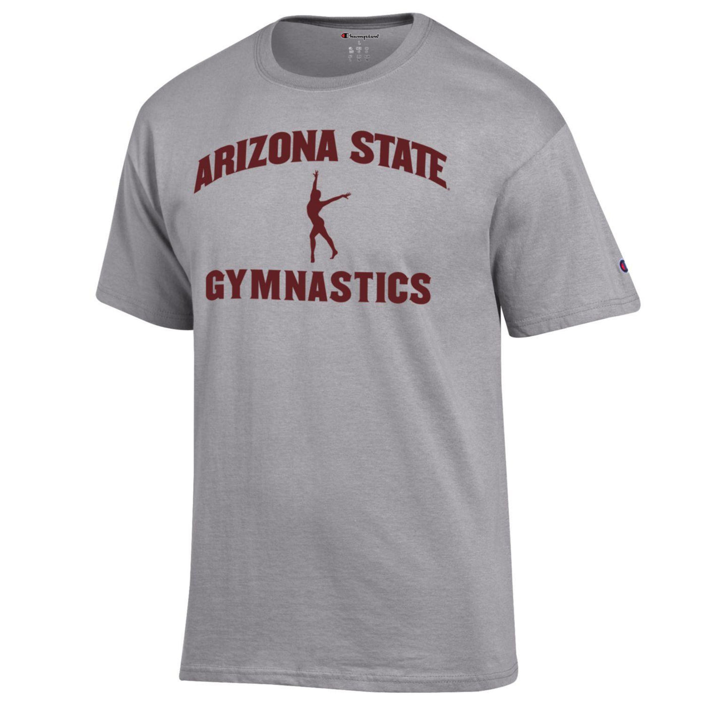 ASU gray Champion tee with 'Arizona State Gymnastics' lettering surrounding a gymnast's body silhouette