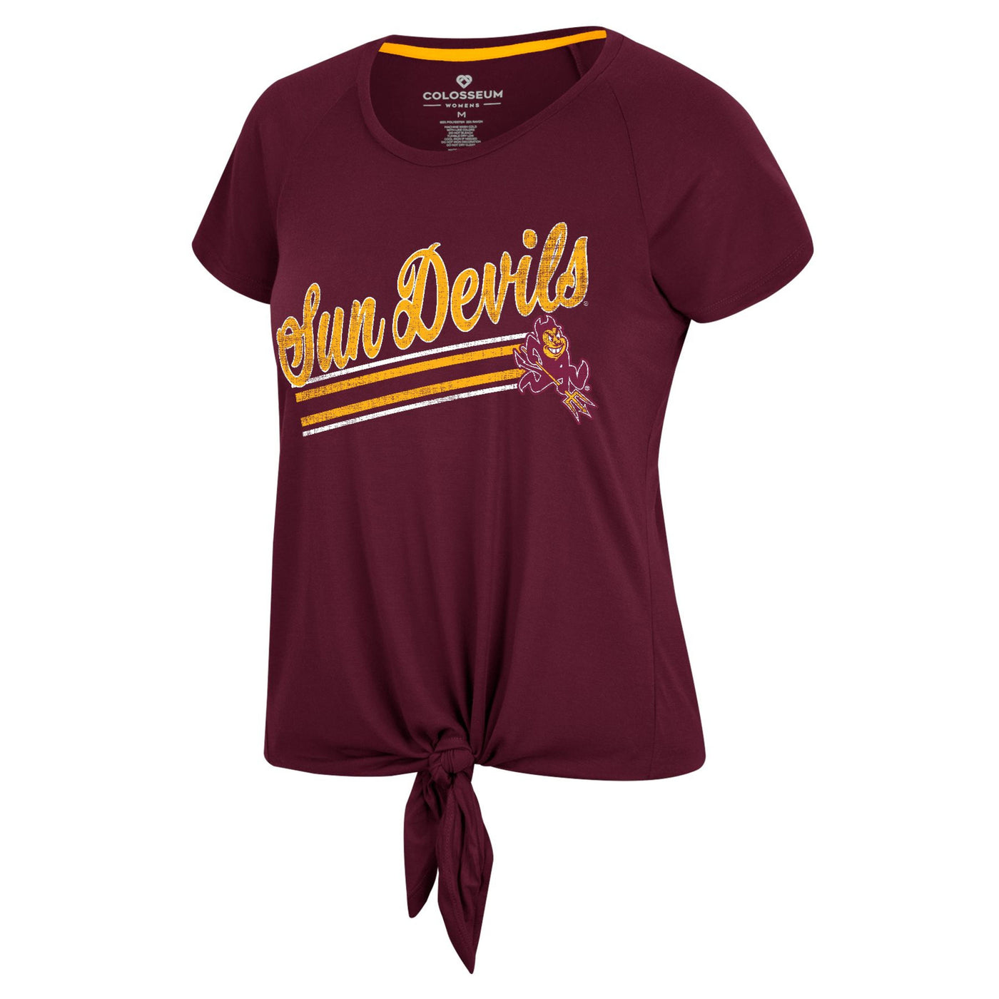 ASU Maroon womens tee with a tie at the bottom.  the text 