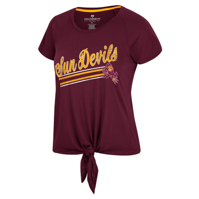 ASU Maroon womens tee with a tie at the bottom.  the text "sun devils" is written diagonally in gold outlined in maroon . Underlineing the text are 5 stripes in the color order white, gold ,maroon, gold, and white. There is also the sparky mascot. 