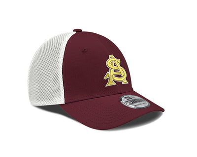 Right profile of ASU hat maroon with white mesh back and interlocking 'A' & 'S'