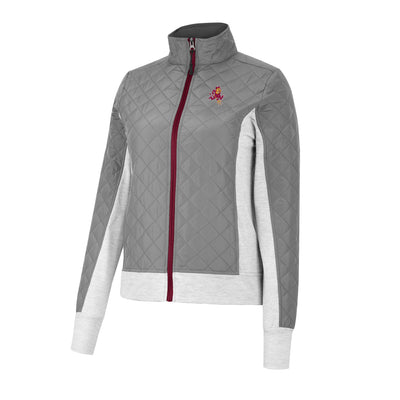 ASU women's gray jacket with quilted pattern on the body, spandex materials for the outline and a Sparky on the chest