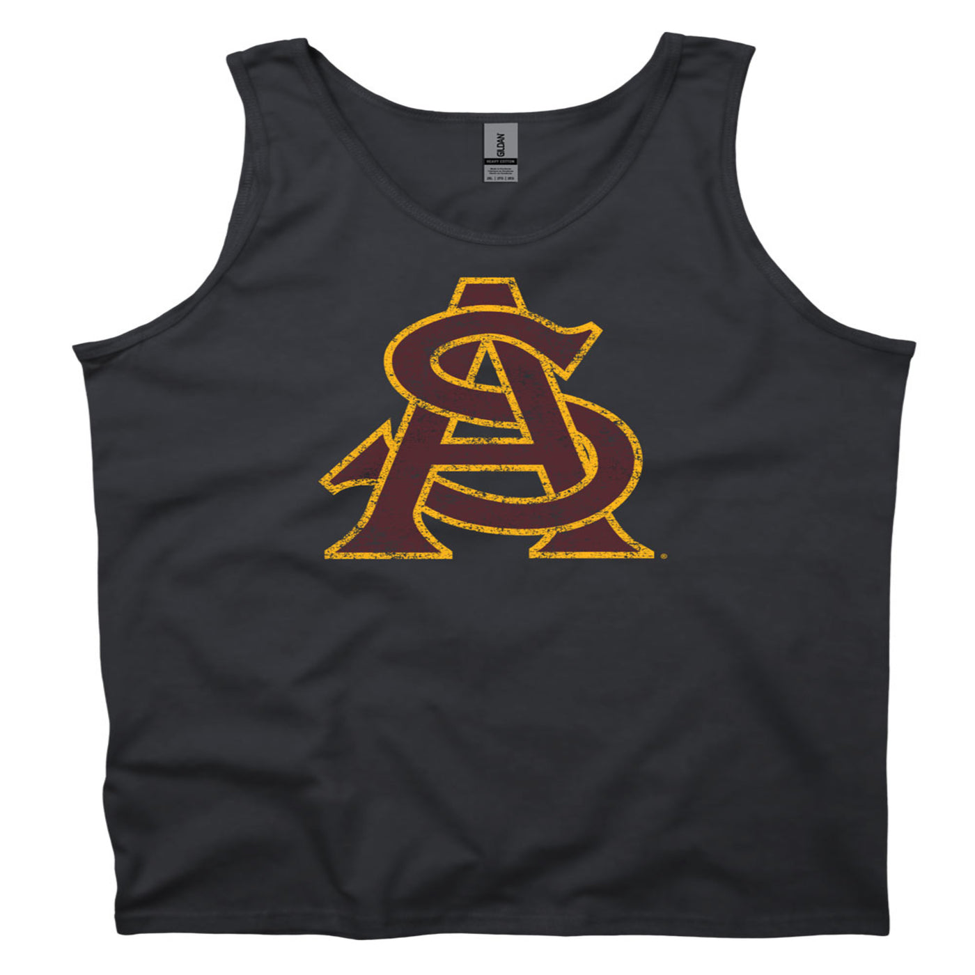ASU black tank with interlocking A&S logo in maroon with gold outline.