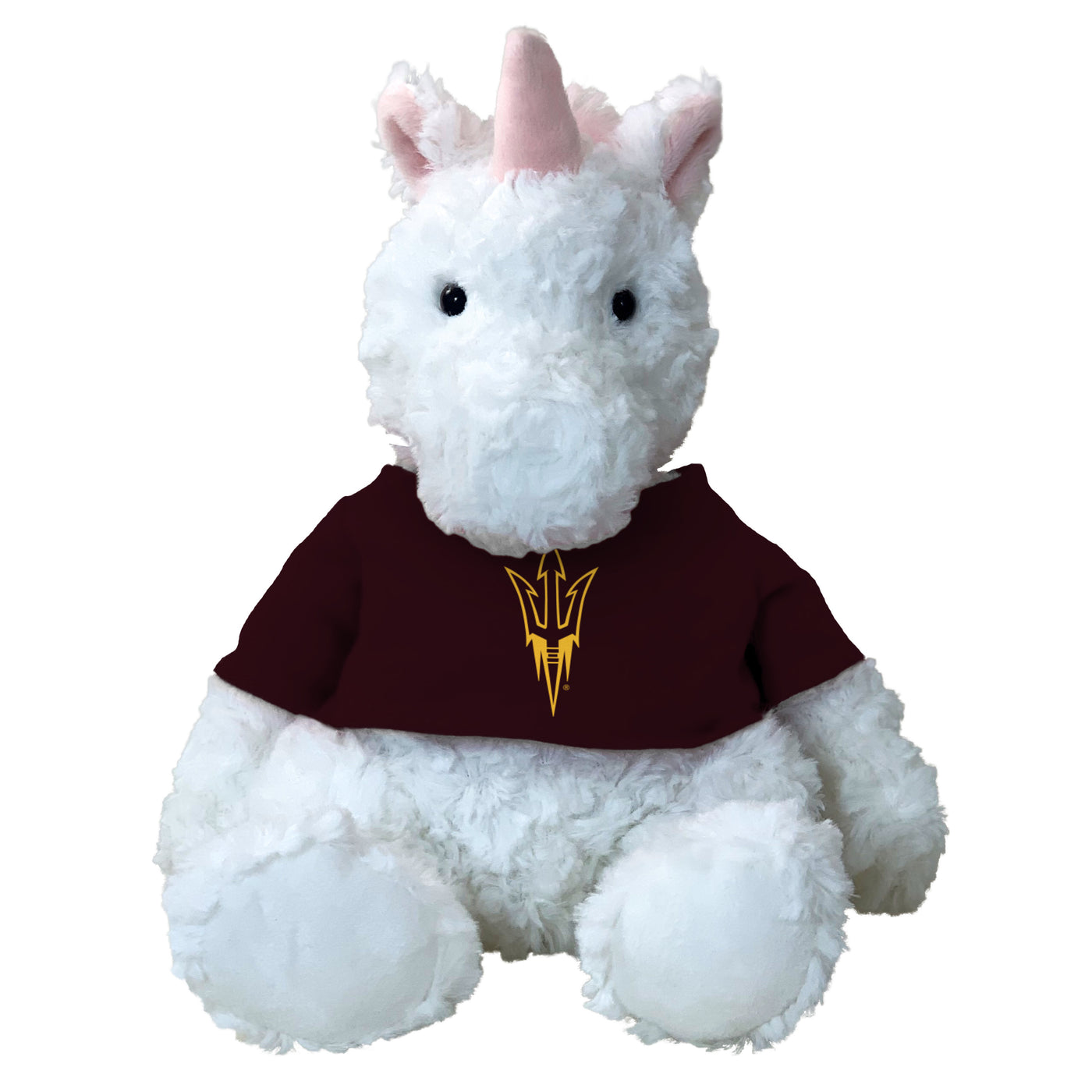 ASU Stuffed white unicorn with pink horn and mane. The unicorn is wearing a maroon shirt with the gold pitchfork logo.