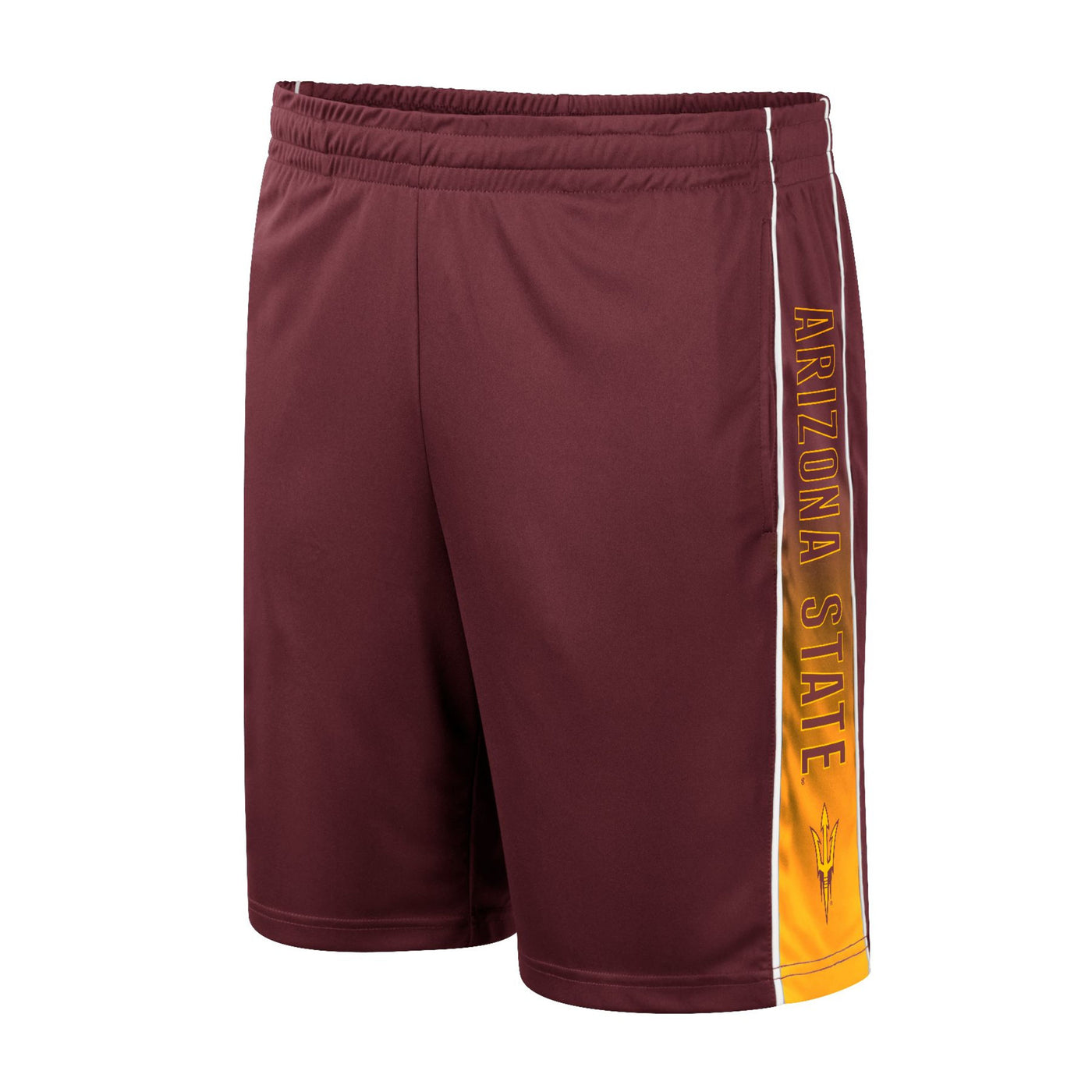 ASU Men's maroon shorts with maroon and gold faded stripes down the side with 'Arizona State' and a pitchfork inside