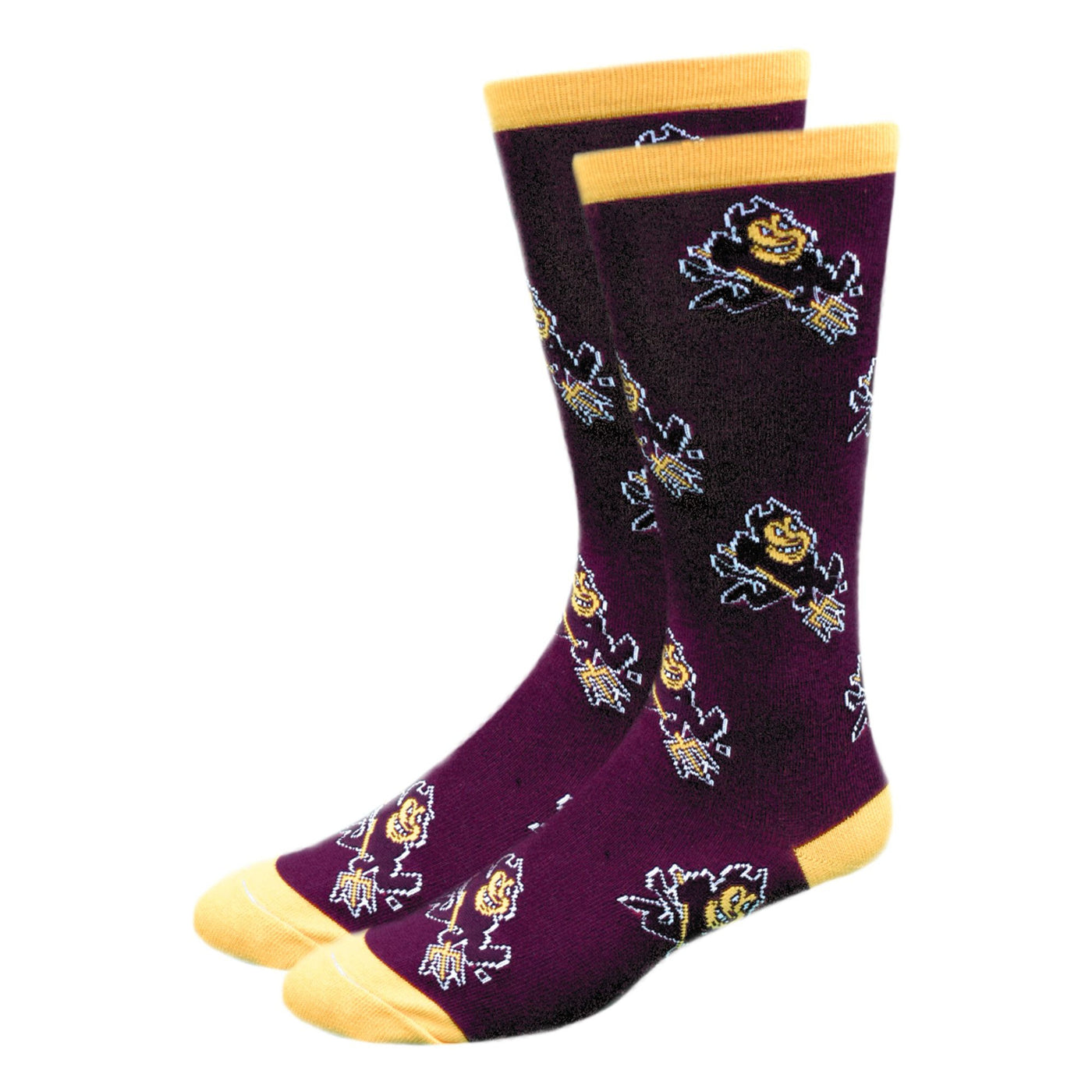 ASU Dress Sock. Maroon with a Sparky logo pattern.  Toes, heel, and top band is gold in color. 