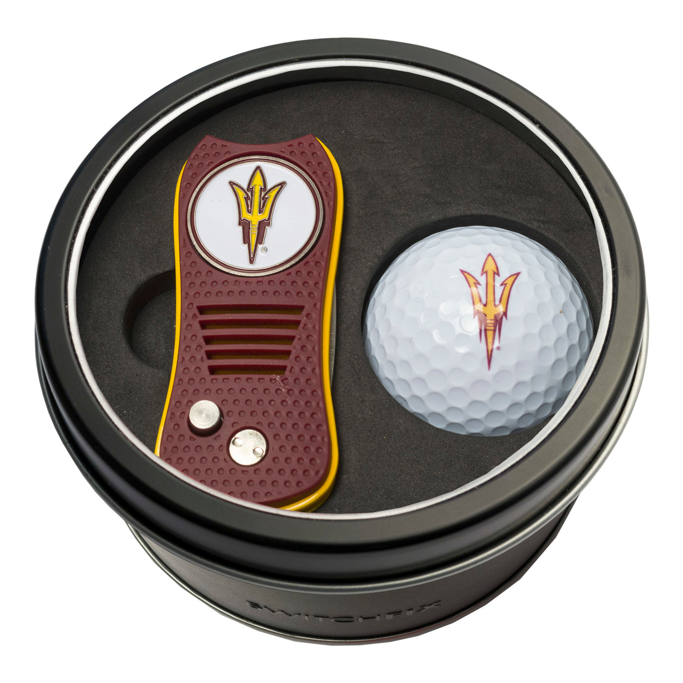 ASU maroon switchblade tool kit and golf ball tin with pitchforks on both