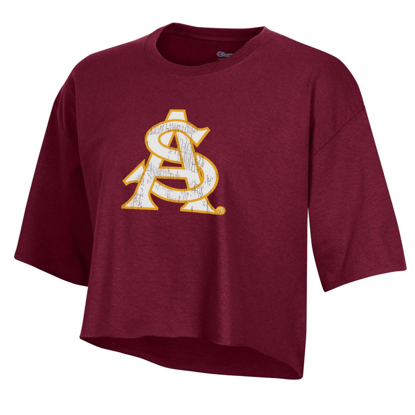 ASU maroon crop top with the interlocking a&s logo large on the front in white outlined in gold.