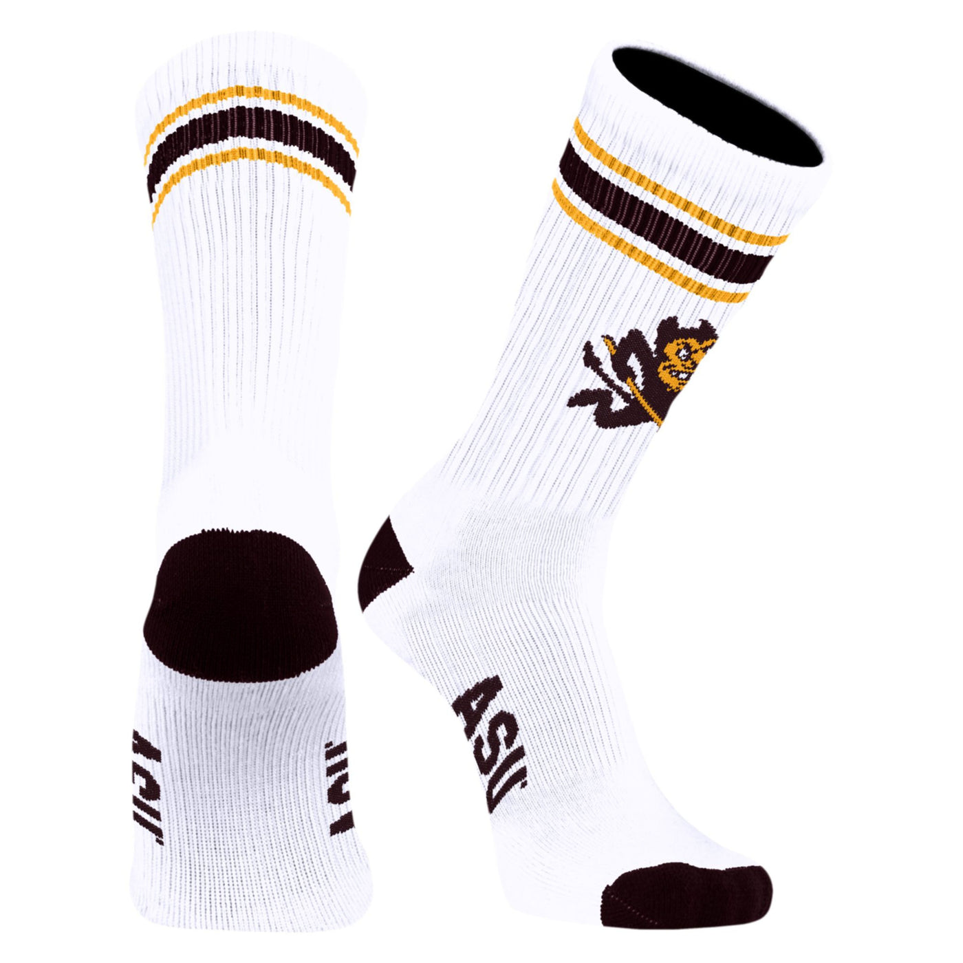 ASU white socks with 3 stripes at the top in maroon and gold above Sparky and maroon detailing on the heel, toe, and 'ASU' lettering