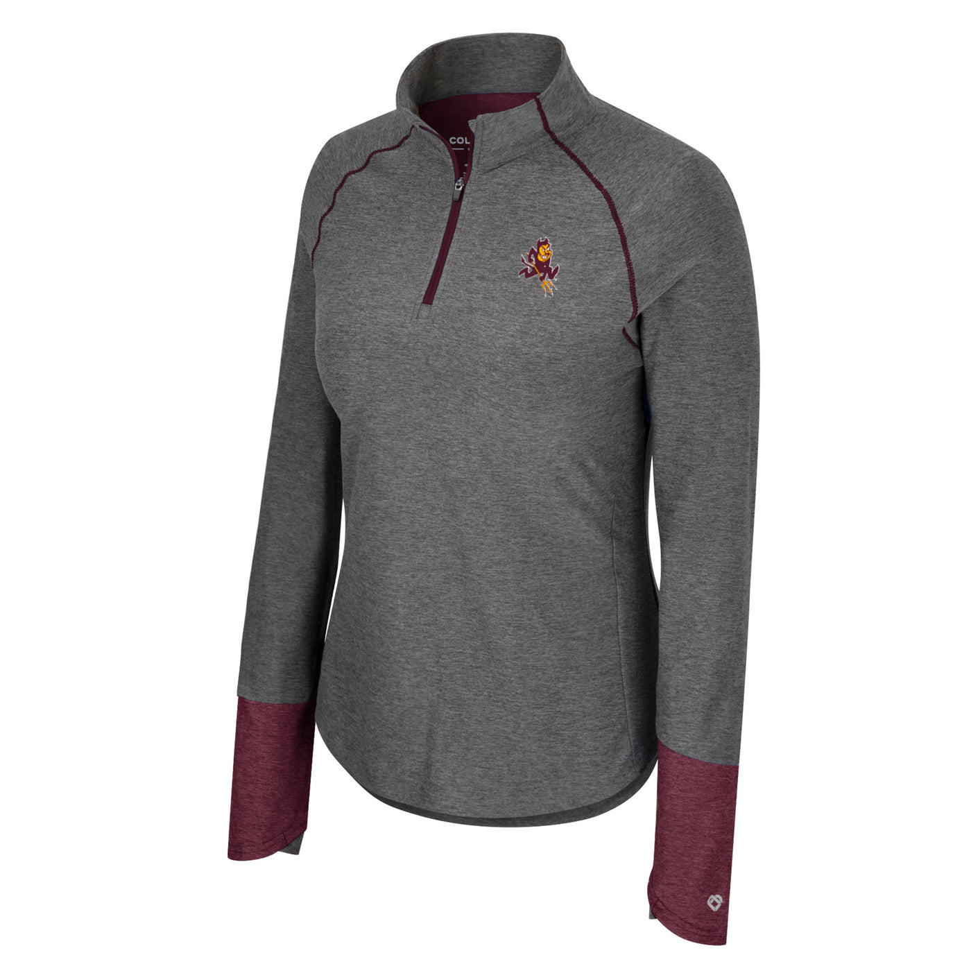 ASU grey ladies 1/4 zip with maroon trim and maroon at the bottem of the sleeves.Small sparky mascot logo on one side of the chest.