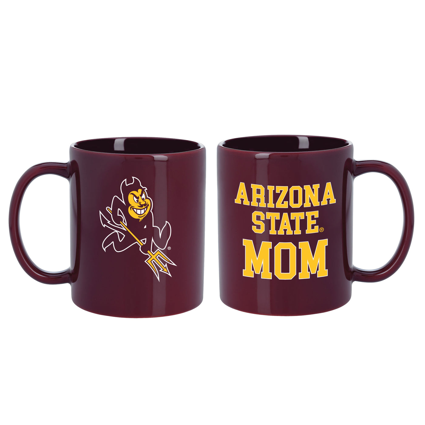 ASU maroon mug Sparky on front side and 'Arizona State Mom' on back side