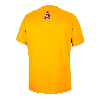 ASU gold tee with interlocking'A' and 'S' under the collar