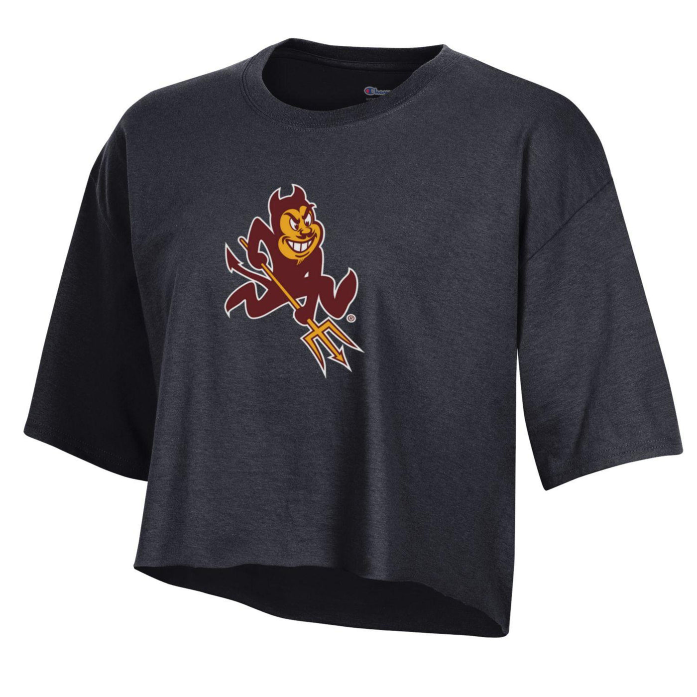 ASU black cropped  tee with sparky logo  on the chest. 
