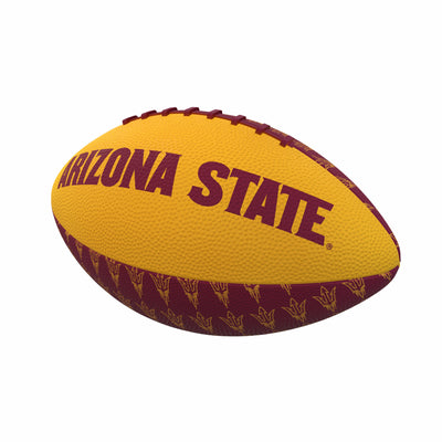 ASU mini football with 'Arizona State' lettering on gold panel and repeating pitchfork on maroon panels