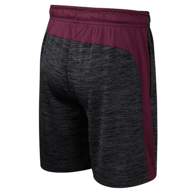 Backside of ASU youth shorts with the maroon stripe following the backside of the waistline.