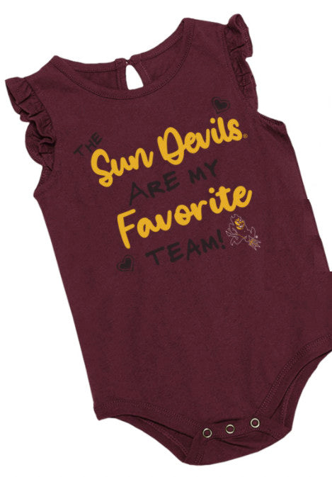 ASU infant maroon onesie with ruffled short sleeves and 'The Sun Devils Are My Favorite Team! lettering followed by a mini Sparky