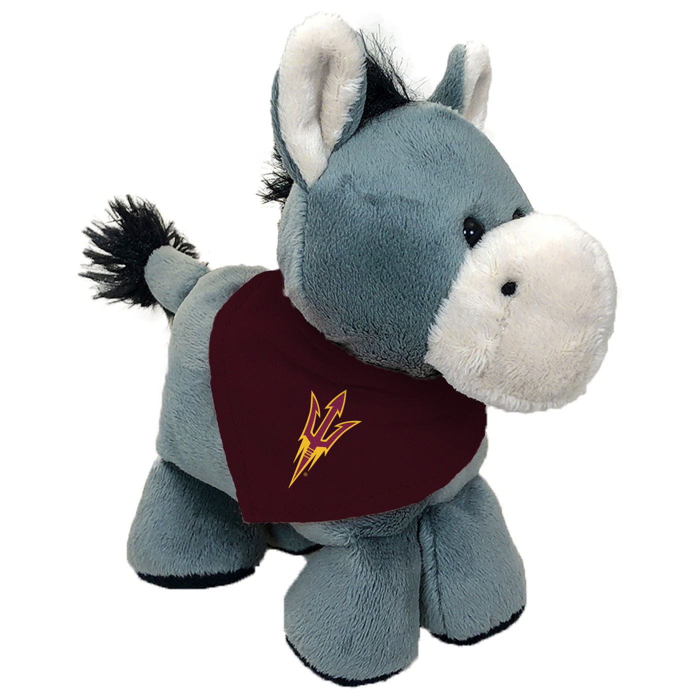 ASU Suffed gray donkey. Donkey is wearing a  maroon bandana  with a pitchfork logo. 