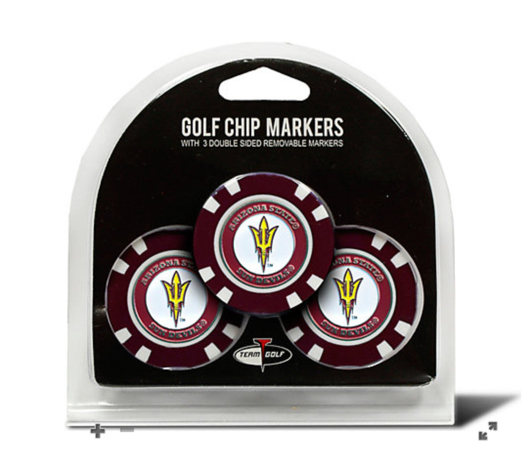 3 Double sided Golf Chip Markers in maroon and white saying 'Arizona State Sun Devils' with a pitchfork