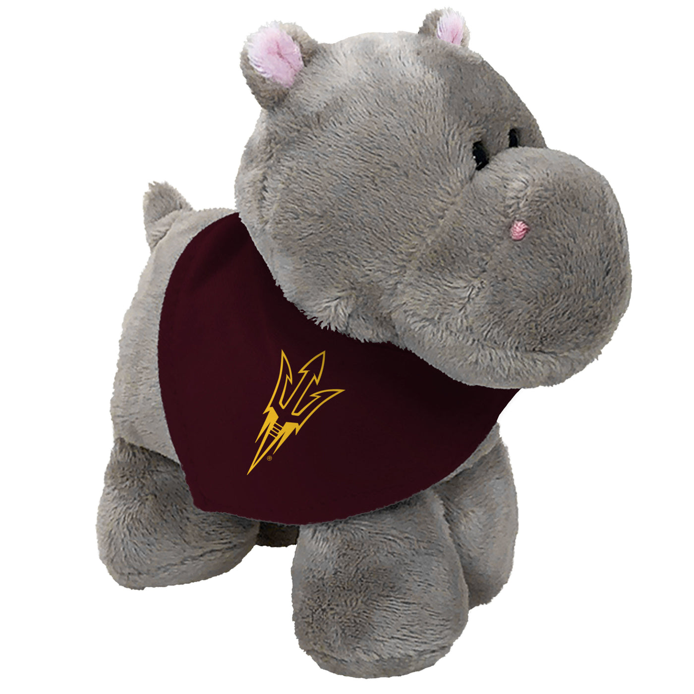 ASU hippo stuffed animal with maroon bandana with a pitchfork on the front