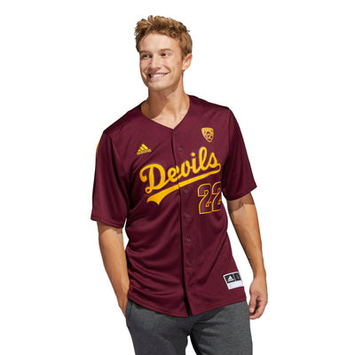 Man wearing ASU button down baseball jersey in maroon with Adidas logo on right chest, PAC12 logo on left chest, 'Devils' across the front above '22'