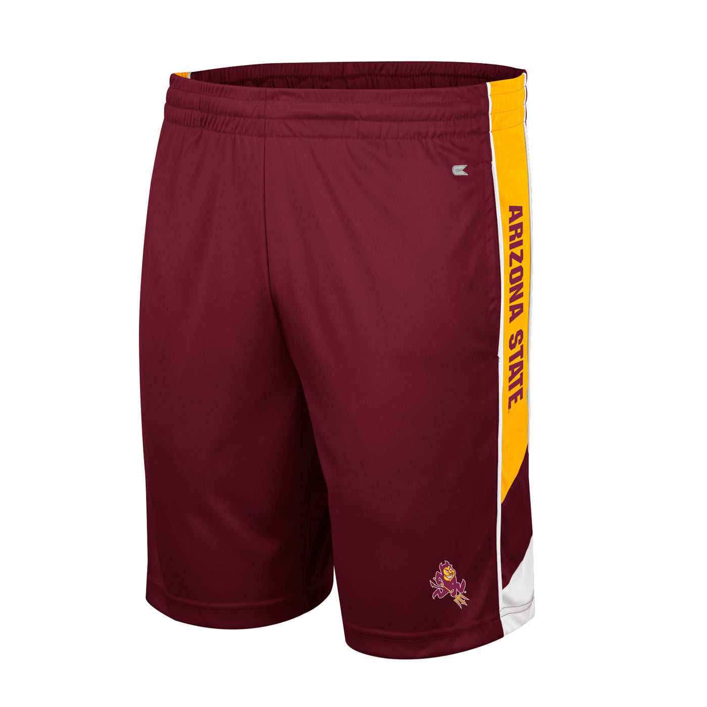 ASU maroon youth shorts with sparly on the leg and a gold stripe down the side with 'Arizona State' inside