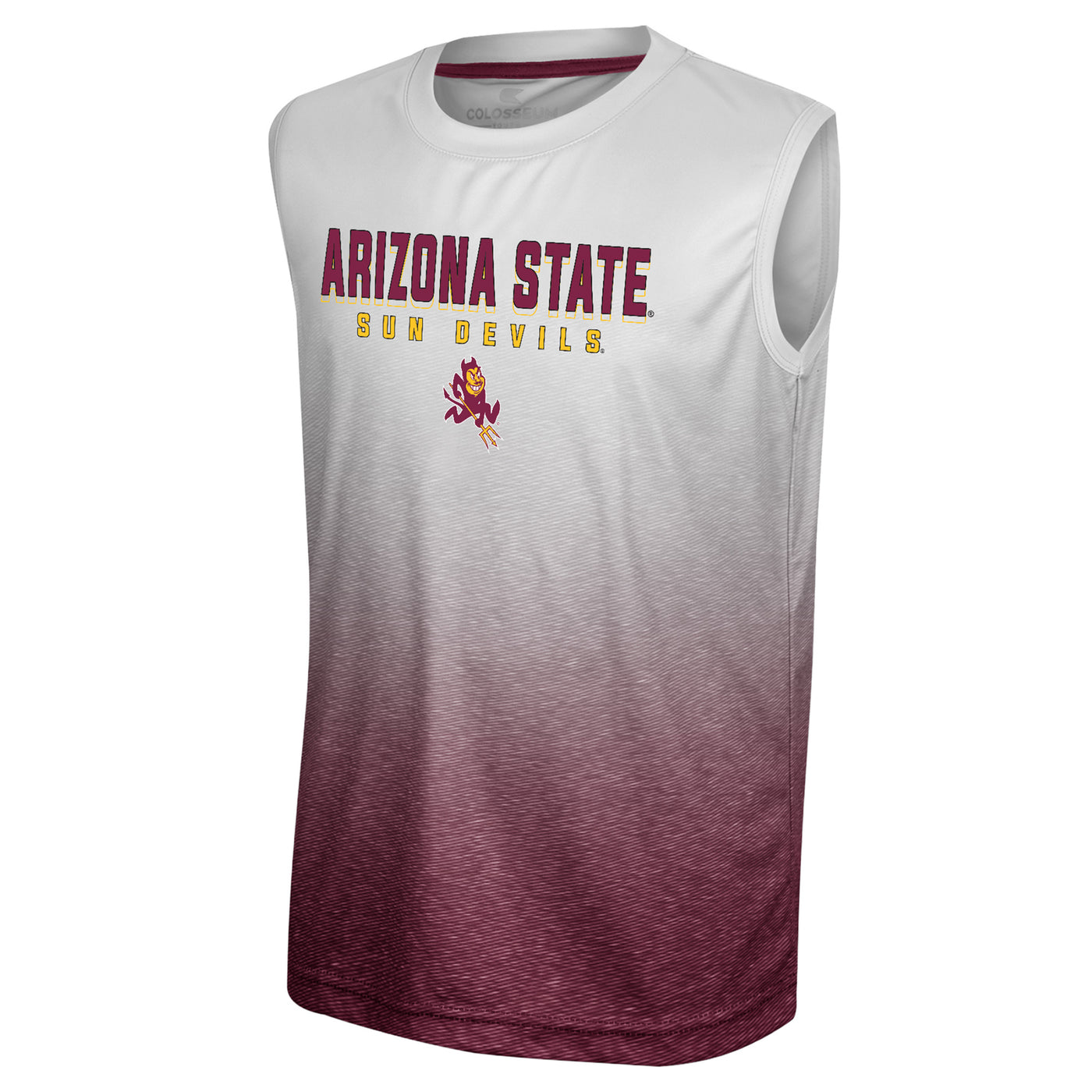 ASU youth sleeveless tee with a white to maroon fade pattern and 'Arizona State Sun Devils' and Sparky below