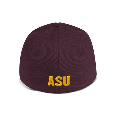Back of Maroon hat with gold "ASU" logo.