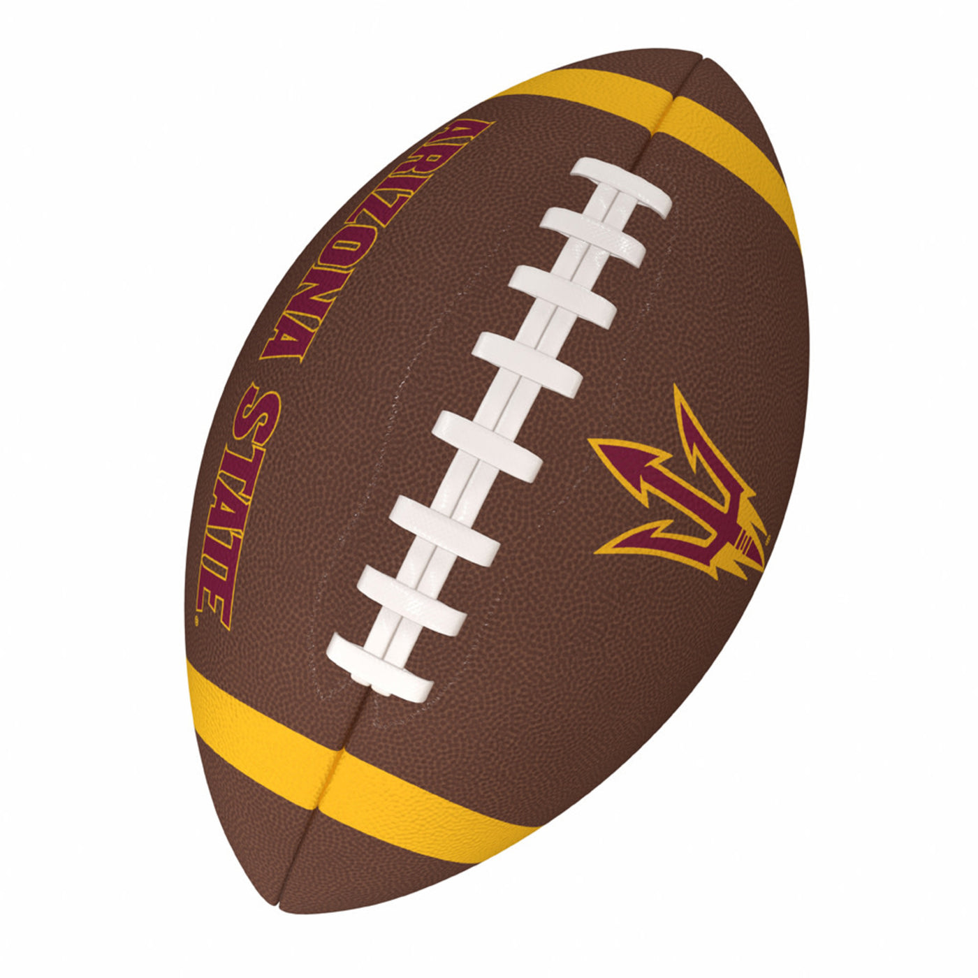 ASU brown football with 'Arizona State' on one side and a pitchfork on the other