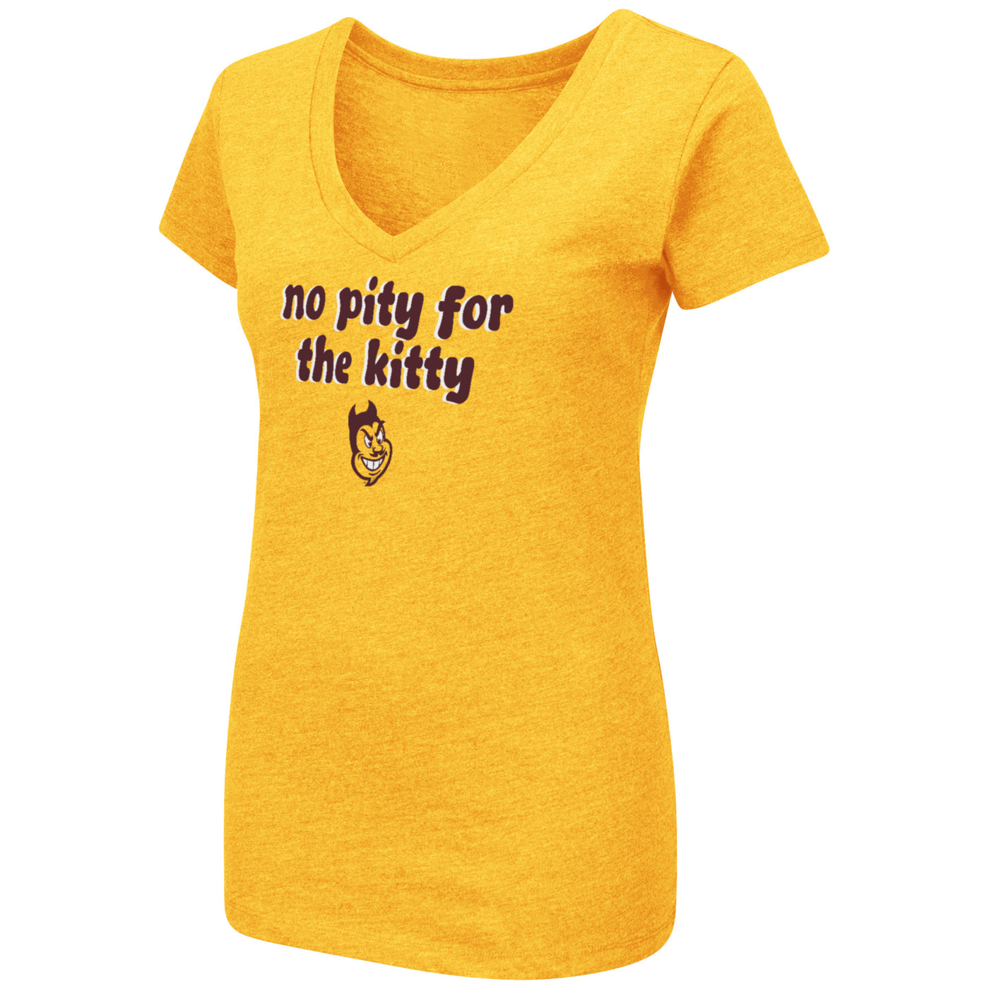 ASU gold womens V-neck shirt with the text 