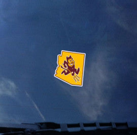 ASU decal of Arizona state shape in gold with Sparky in the center