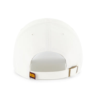 Back view of ASU white adjustable hat with maroon back on strap with 'ASU' lettering