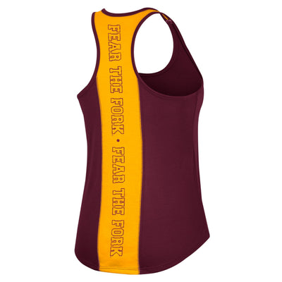 Back side of ASU womens tank with a large gold stripe own the back. Vertically down the stripe is the text "Fear the Fork" twice both outlined in maroon.