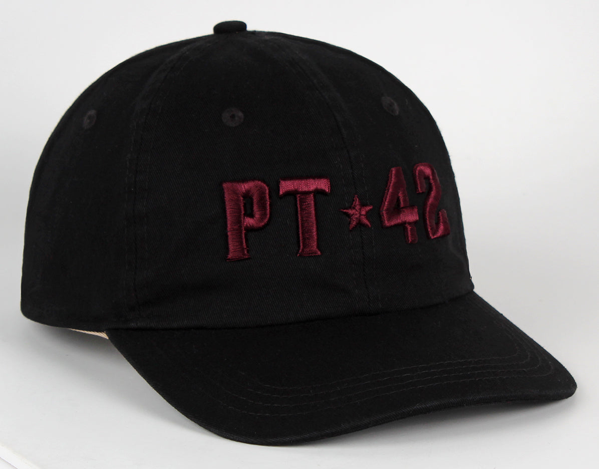 ASU black adjustable hat with 'PT' and '42' embroidered in maroon with a star in the middle for Pat Tillman